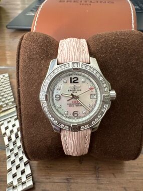 Pearl face with diamonds Breitling Stainless Steel Case with Pink Strap Accent